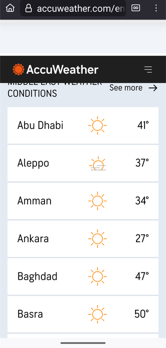 Temperaturen um Nahen Osten, 27-50°C am 14.6.26

Quelle:
https://www.accuweather.com/en/middle-east-weather