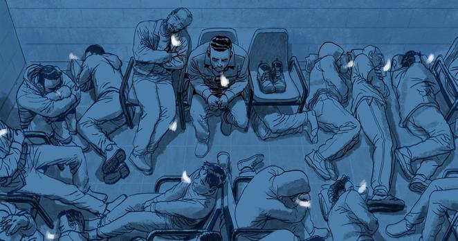 illustration of detainees in a crowded processing room