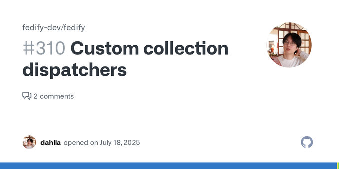 Summary Support for custom collection dispatchers with unique identifiers, allowing developers to create application-specific collections beyond the standard ActivityPub collections (outbox, inbox,... Summary Support for custom collection dispatchers with unique identifiers, allowing developers to create application-specific collections beyond the standard ActivityPub collections (outbox, inbox,...