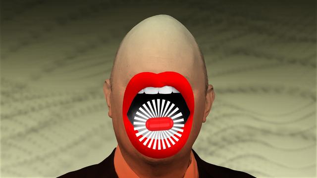 Collage einer Person mit Glatze, deren Augen nicht zu sehen sind. Sie hat einen überdimensional großen Mund mit roten Lippen, auf dem eine rote Pille mit Heiligenschein schwebt.
