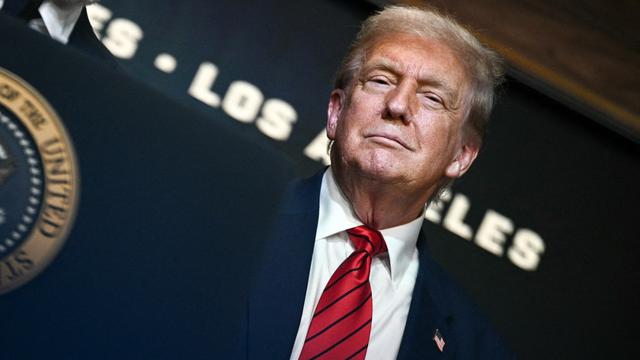 President Donald Trump in the South Court Auditorium of the White House in Washington, D.C., on August 5, 2025. (Photo by Brendan SMIALOWSKI / AFP) (Photo by BRENDAN SMIALOWSKI/AFP via Getty Images)