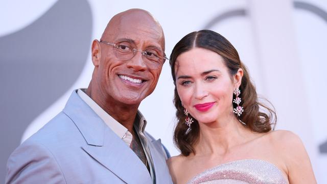 Dwayne Johnson and Emily Blunt attend 'The Smashing Machine' red carpet during the 82nd Venice International Film Festival