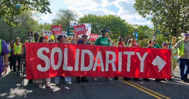 Residents and workers protest Pres. Donald Trump's efforts to abolish labor laws protecting workers, and the use of federal agents and the National Guard to perform basic policing actions, Aug. 28, 2025.