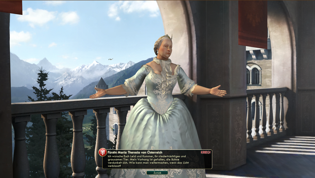 Screenshot aus dem Videospiel Civilization 5: Fürstin Maria Theresia von Österreich verwünscht mich, weil ich ihr Volk vernichtet habe.