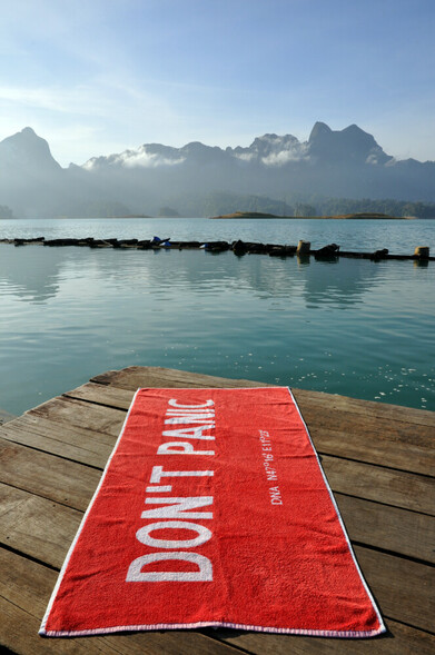 Towel Day - ein Handtuch zu Ehren von Douglas Adams mit den Worten DON'T PANIC