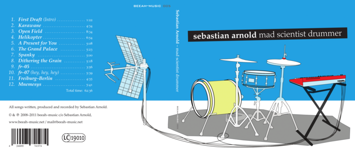Album artwork showing a drum kit and a keyboard that is connected with cables to an antenna.