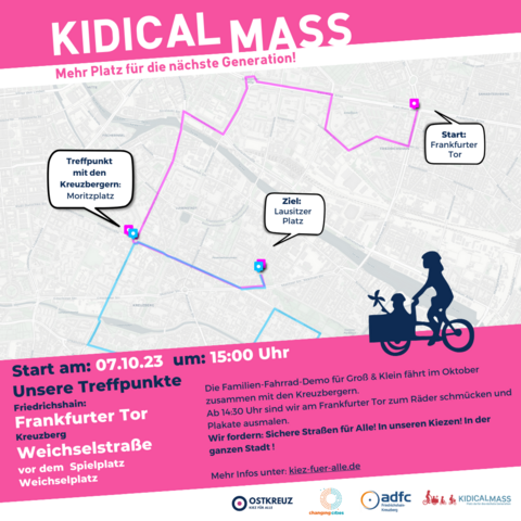 Demo-Plakat: Aufruf zur Kidical Mass am 7.10.2023 um 15 Uhr in Friedrichshain und Kreuzberg. U.a. sind die Demorouten auf einem Stadtplan abgebildet.