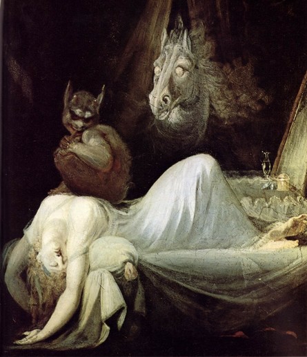  a woman in a white night gown sleeping.

her head and arms hang down from a couch.

on her chest sits a strange creature of the size of a small child. it combines features of humans and of several animals and has an evil grin on its bat-like face.

Ahorse's head with wide open eyes from behind stares at the scene. 