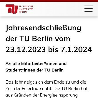 Screenshot der Mitteilung der TU über die Schließung. 