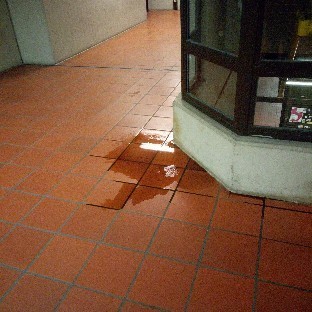 Links und unten ein roter Fliesenboden (große Fliesen).
Rechts oben eine Art Glaskasten, unten Betonfundament, darüber Fensterscheiben (dahinter liegt die Treppe).
Links oben im Hintergrund eine Betonwand.
In der Mitte des Bildes auf den Fliesen vor dem Glaskasten: eine Pfütze. Das Wasser tropft von oben durch die abgehängte Decke, wo schon ein Teil herausgebrochen wurde (das ist nicht auf dem Bild).