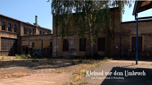 Die Stallungen (gelbe Backsteingebäude davor eine Birke) von hinten, vorm Dorfplatz aus gesehen