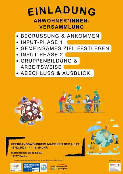 Einladung Anwohner*innen-Versammlung
- Begrüßung und Ankommen
- Input-Phase 1
- Gemeinsames Ziel festlegen
- Input-Phase 2
- Gruppenbildung & Arbeitsweise
- Abschluss und Ausblick
