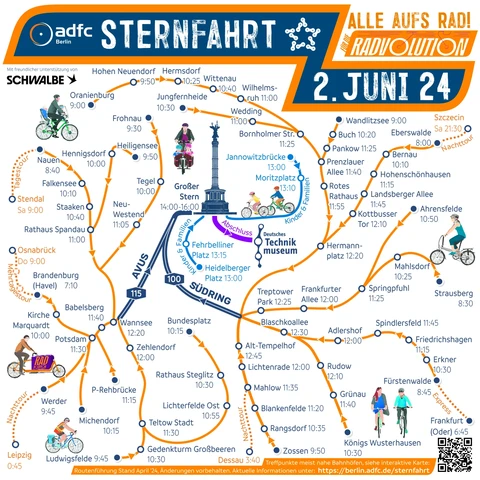 Eine Karte, die alle 20 Routen der ADFC-Sternfahrt am 2. Juni 2024 in Berlin zeigt.