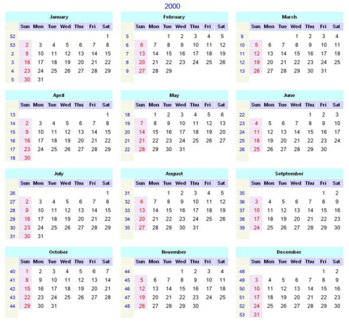calendar of the year 2000