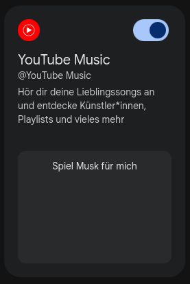 Ausschnitt aus den Google Gemini Erweiterungen zu YouTube Music:
"Hör Dir Deine Lieblingssongs an und entdecke Künstler*innen, Playlists und vieles mehr"
Beispielkästchen für den Prompt: "Spiel Musk für mich"
(Schreibfehler "Musk" statt "Musik" im Original Screenshot)