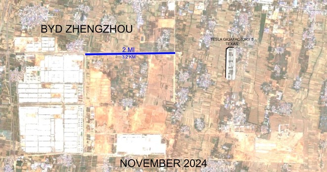 Visueller Vergleich der Byd-Fabrik in Zhengzhou und der Tesla-Fabrik in Texas auf Satellitenbildern gleichen Massstabs. Byd offensichtlich um mehrere Grössenordnungen grösser.