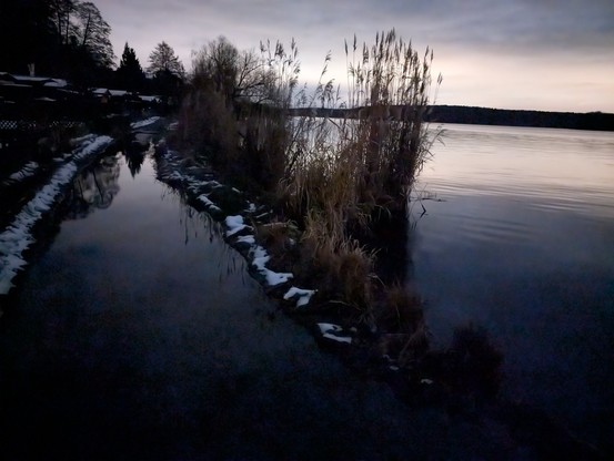 Old text written with the help of Claude:

Winter dusk on the Havel with a view of a flooded riverside path. In the foreground you can clearly see how the high water has washed over the path. Remnants of snow line the edge of the path and form a white contrast to the dark water. In the background on the left are several houses with snow-covered roofs between bare winter trees. Tall reeds grow along the flooded path and are reflected in the black water. The path divides the picture into two water surfaces: the flooded path on the left and the wide expanse of the Havel on the right, reflecting the last evening light. A single green navigation light shines in the distance. The twilight bathes the scene in muted shades of grey and blue, while the sky still has a slight pink glow. Unlike in the first image, the structures of the flooded path are still recognisable here, providing an interesting contrast to the complete blurring in the first image.