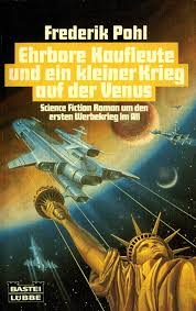 The German translation's cover of "Merchants War" 

Various space ships flying towards a yellow planet.

In the bottom right corner, a golden Lady Liberty 