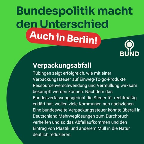 Verpackungsabfall

Tübingen zeigt erfolgreich, wie mit einer Verpackungssteuer auf Einweg-To-go-Produkte Ressourcenverschwendung und Vermüllung wirksam bekämpft werden können. Nachdem das Bundesverfassungsgericht die Steuer für rechtmäßig erklärt hat, wollen viele Kommunen nun nachziehen. Eine bundesweite Verpackungssteuer könnte überall in Deutschland Mehrweglösungen zum Durchbruch verhelfen und so das Abfallaufkommen und den Eintrag von Plastik und anderem Müll in die Natur deutlich reduzieren.