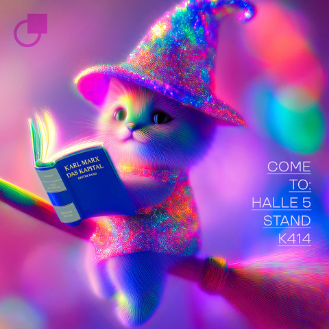 Wizard Cat im Glitter-Outfit sitzt auf ihrem Hexenbesen und liest »Karl Marx: Das Kapital, Erster Band«; im Background bunte Lightshow. Daneben  steht: Come to Halle 5, Stand K414. KI-generiert plus menschliche Photoshop-Handarbeit.