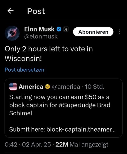 Twitter post of Elon Musk commenting another post that pushes some shitty meme-coin of the conservative judge in the Wisconsin Vote with the words "Only 2 hours left to vote in Wisconsin!"