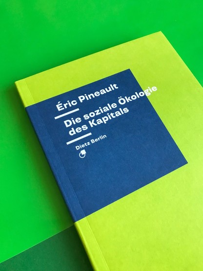 Das neue Buch von Éric Pineault »Die soziale Ökologie des Kapitals«, mit einem grafischen Cover in Hellgrün und Dunkelblau, liegt auf einem Hintergrund aus verschiedenen Grüntönen