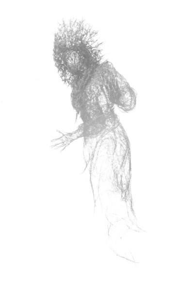 Figur aus feinem Draht, die vermutlich Jesus darstellt. Sie "fliegt" in der Luft. Da sie stark überbelichtet ist, wirkt sie noch sphärischer und etwas unwirklich. 