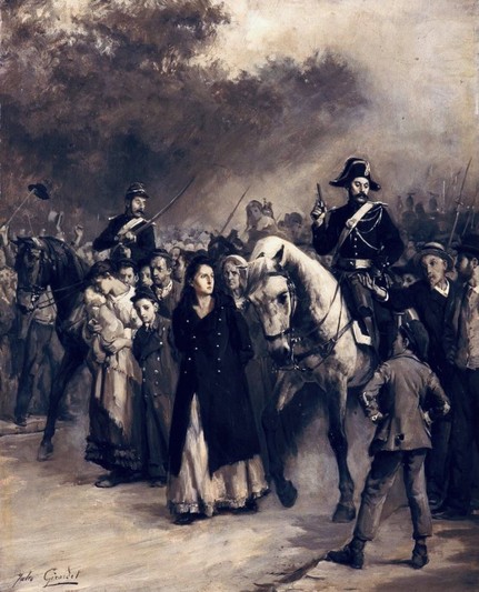 Die Verhaftung von Louise Michel im Mai 1871, gemalt von Jules Girardet [aus der Sammlung: Musée d'Art et d'Histoire de Saint-Denis | Public Domain]. Tatsächlich stellt sich Louise Michel der Obrigkeit, als sie erfährt, dass an ihrer Stelle ihre Mutter verhaftet wurde, und wird im Lager Satory bei Versailles interniert.