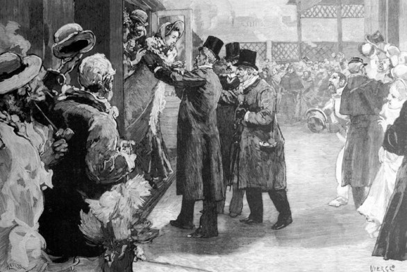 Am 9. November 1880 kehrt Louise Michel nach neun Jahren Gefängnis und Deportation nach Paris zurück. Am Gare Saint-Lazare wird sie von einer riesigen Menschenmenge erwartet (mit Rufen wie „Hoch lebe Louise Michel, es lebe die Commune, nieder mit den Mördern!“), wie die Illustration von Vierge in Le Monde Illustre von November 1880 zeigt [Quelle: Public Domain].