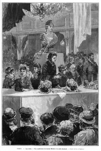 Paris 1880, Konferenz von Louise Michel im Salle Graffard (Quelle: Le Monde Illustré, Auguste Lepère / Frédéric de Haenen | Public Domain)
