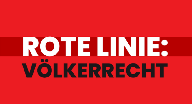 Auf rotem Grund in Großbuchstaben:

Rote Linie:
Völkerrecht