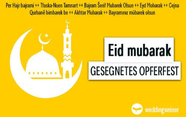Grafik mit gelbem Hintergrund, darauf ein weißer Halbmond mit Moschee und Minarett sowie Schriftzüge in verschiedenen Sprachen, die das Opferfest (Eid) thematisieren; unten rechts das Logo von „weddingweiser“.

