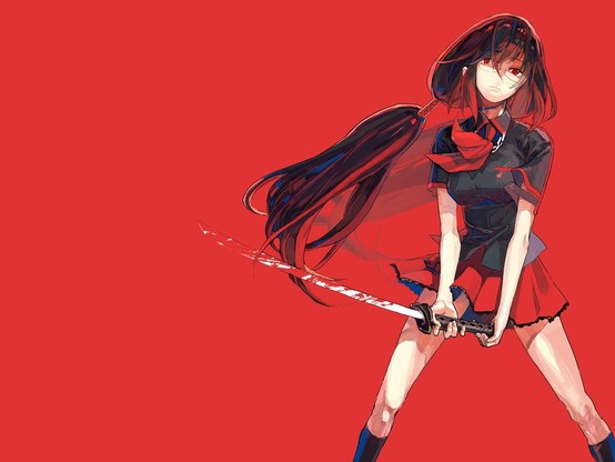 Over a red background, an anime style young woman with long hair with an annoyed look on her face holding a bloody sword. 