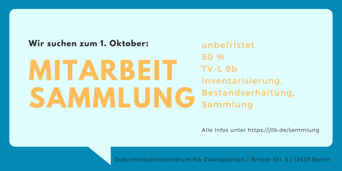 Stellenausschreibung für Mitarbeit in der Sammlung ab 1. Oktober, unbefristet, 50 Prozent, TV-L 9b, Aufgaben: Inventarisierung, Bestandserhaltung, Sammlung, Infos unter https://j0b.de/sammlung