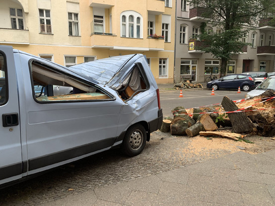 Ein umgestürzter Baum hat das Dach eines geparkten Lieferwagens stark eingedrückt; daneben liegen zersägte Baumstücke und Sägemehl, die Unfallstelle ist mit Absperrband gesichert.

