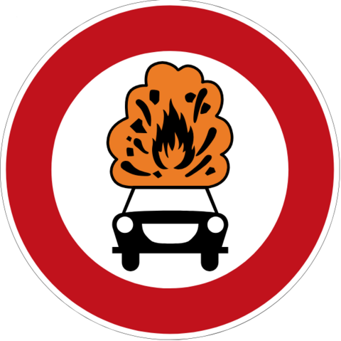 Ein rundes Schild. Roter Rand auf weißem Hintergrund. Innerhalb des roten Rings ist in schwarz ein Auto auf dessen Dach in schwarz/orange Flammen sind.

(Dir Form der Kühlerhaube und Scheinwerfer vermittelt den eindruck eines glücklichen Gesichts)
