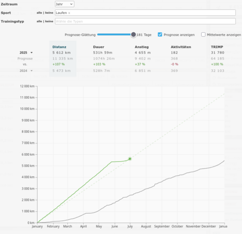 Ein Diagramm, dessen Kurve (fast) linear bis Ende Mai ansteigt, dann einen flachen Knick aufweist und zunehmend bis Ende Juni wieder auf den alten Anstiegswinkel zulegt.
Die Projektion ab Juli bis zum Ende erreicht fast 11.500km. Die Y-Achse ist mit 0-12.000 km beschriftet, die X-Achse mit Januar bis Dezember.