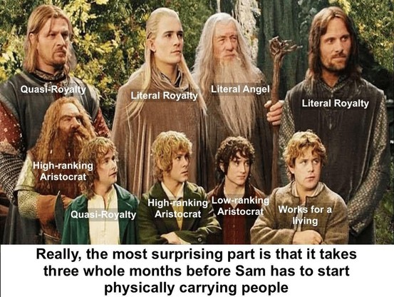 A photo of the Fellowship of the Ring from the Peter Jackson "Lord of the Rings" film.

Every person is labelled:

Boromir: Quasi-Royalty
Legolas: Literal-Royalty 
Gandalf: Literal Angel
Aragorn: Literal Royalty
Gimli: High-ranking Aritocrat:
Pippin Quasi-Royalty
Merry: High-ranking Aristocrat
Frodo: Low-Ranking Aristocrat
Sam: Works for a living

Caption:

Really, the most surprising part is that it takes three whole months before Sam has to start physically carrying people