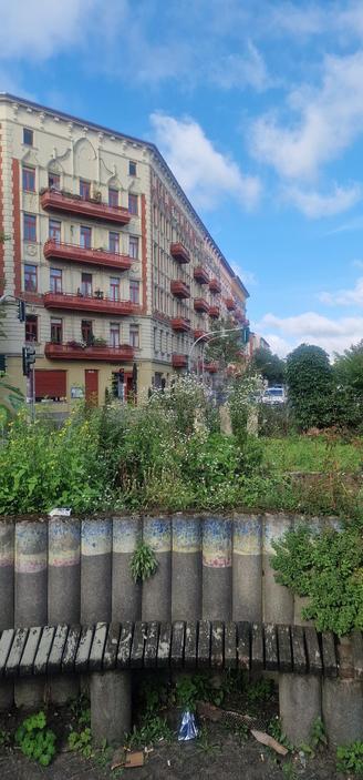 Blick auf ein historisches Wohnhaus mit roten Balkonen an einer Straßenecke im Berliner Stadtteil Wedding, davor eine verwilderte Grünfläche mit einer Bank aus Betonröhren und Holzlatten.
