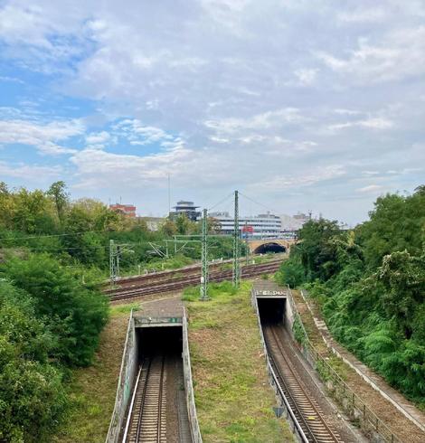 Blick auf mehrere Eisenbahngleise mit zwei Tunnelportalen im Vordergrund, umgeben von dichter Vegetation, im Hintergrund Stadtgebäude unter teils bewölktem Himmel.

