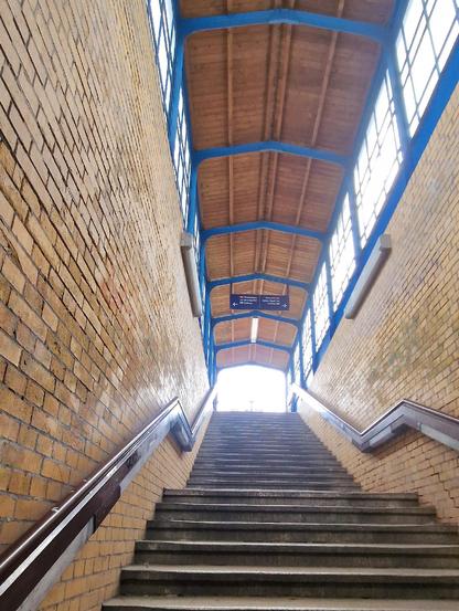 Treppe in einem U-Bahnhof mit gelben Backsteinwänden, blauem Stahlrahmen und Holzdecke, die nach oben ins Tageslicht führt.


