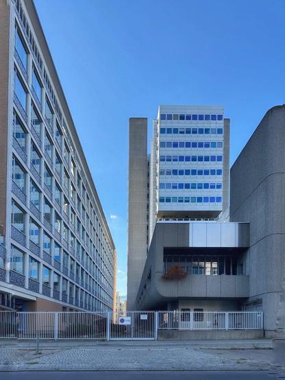 Foto von modernen Büro- und Institutsgebäuden in Berlin-Wedding, mit einem hohen Hochhaus im Hintergrund, flankiert von einem niedrigeren Bürotrakt links und einem grauen Betonbau rechts, aufgenommen von der Straßenseite mit Zaun im Vordergrund.

