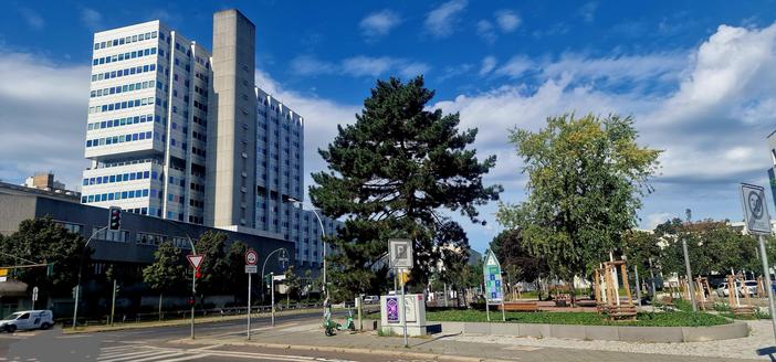  Hoher Büro- und Klinikbau in Berlin-Wedding neben einer begrünten Verkehrsinsel mit großen Bäumen und Sitzbänken, im Vordergrund Straßenverkehr mit Ampeln und einem weißen Lieferwagen.

