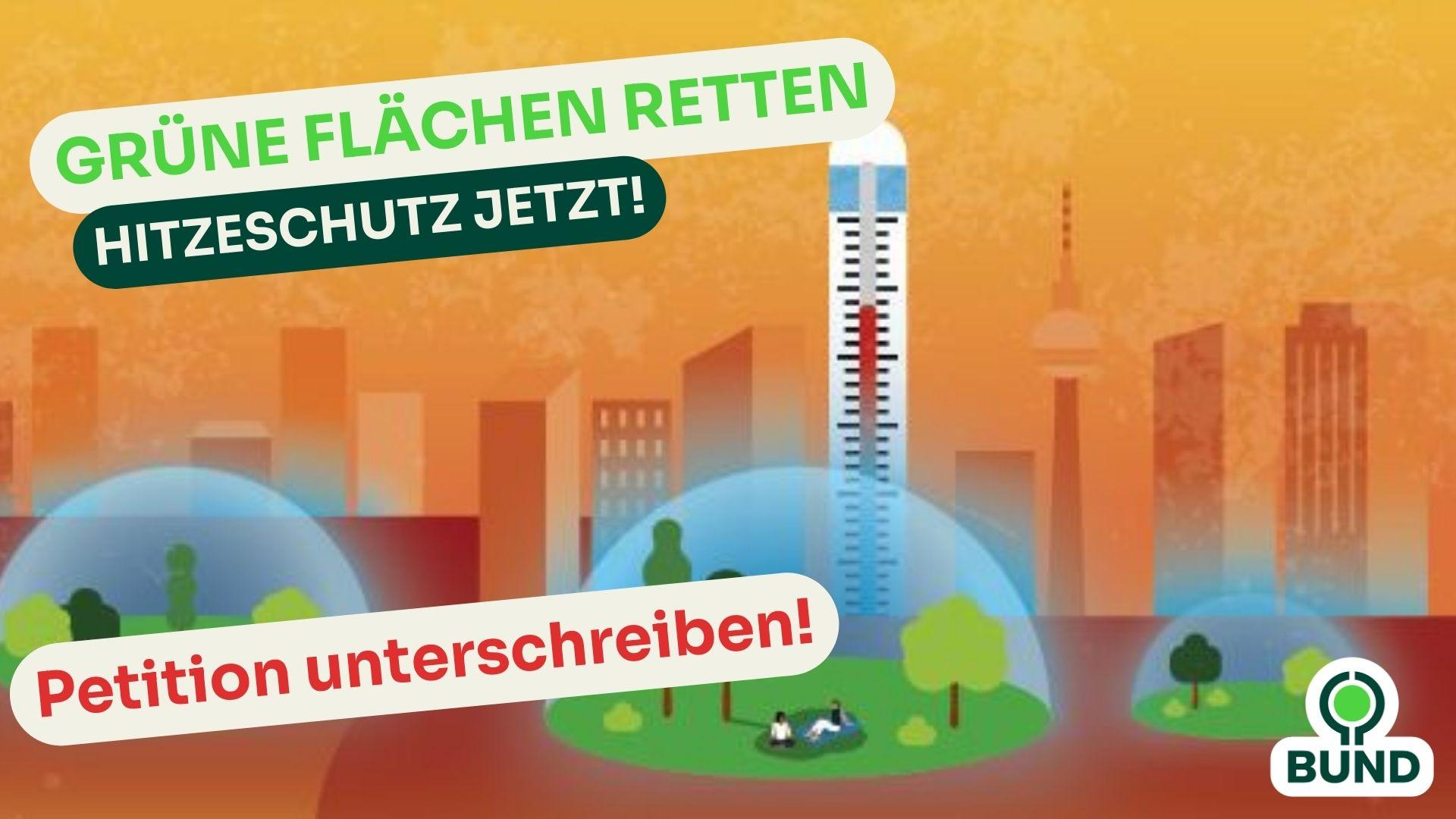 Gezeichnete Stadtsilhouette in rot und orange, Thermometer zeigt hohe Werte an. Grüne Inseln dazwischen, die durch blaue Sphären Abkühlung symbolisieren