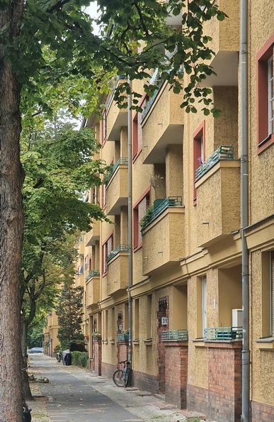 Straßenansicht mit mehrstöckigem Wohnhaus in gelber Putzfassade und roten Fensterrahmen, davor Bäume, Gehweg und ein abgestelltes Fahrrad.


