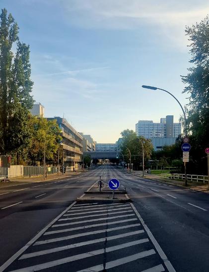 Leere mehrspurige Straße in Berlin-Wedding mit Mittelinsel und Verkehrszeichen, flankiert von Bäumen und Gebäuden; im Hintergrund Hochhausfassaden und eine Straßenbrücke.

