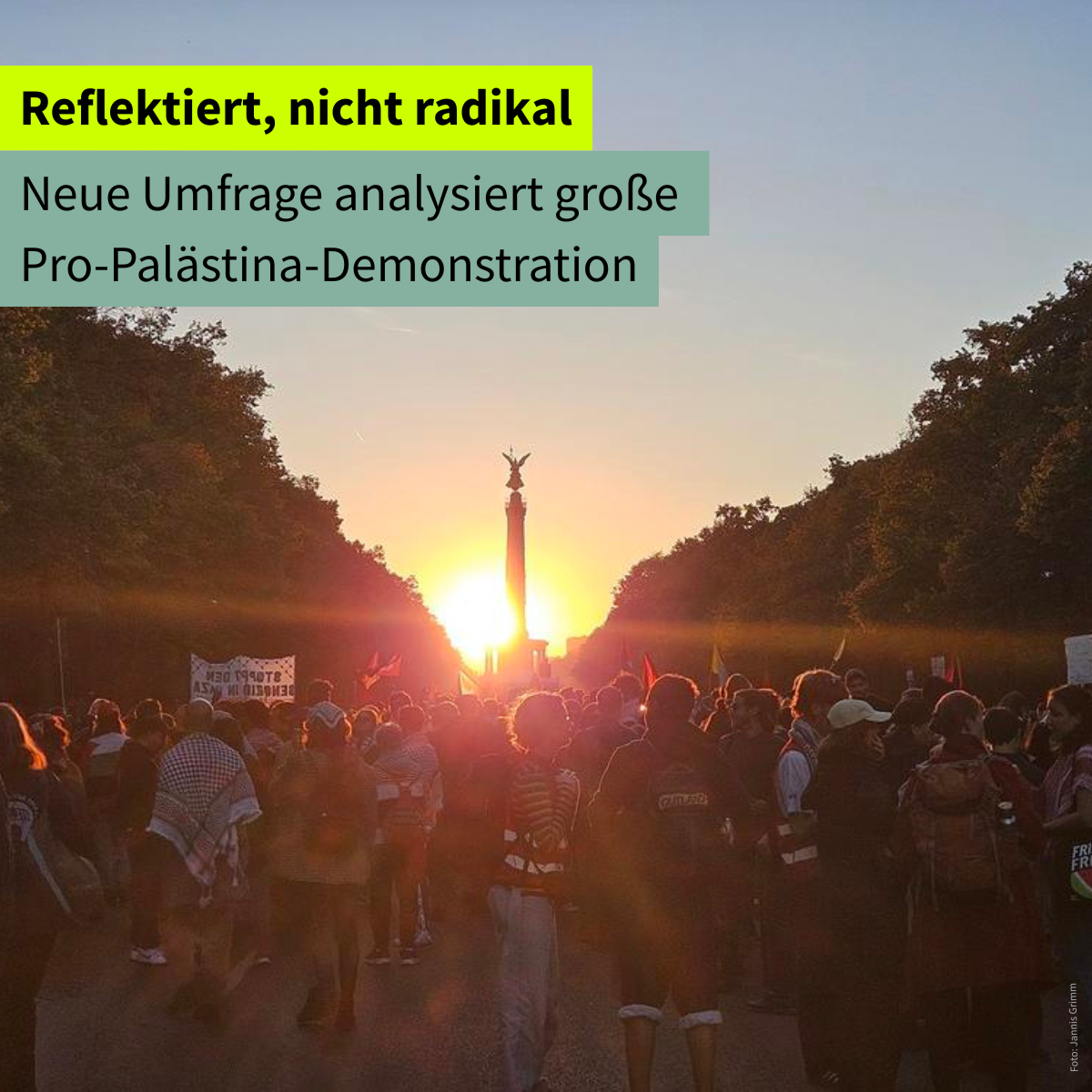 Foto einer Demonstration, die Siegessäule in Berlin bei Sonnenuntergang. Text:<br>Reflektiert, nicht radikal<br>Neue Umfrage analysiert große Pro-Palästina-Demonstration