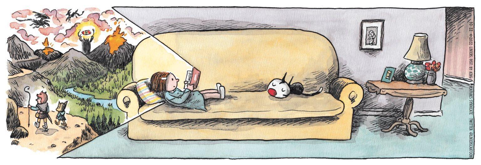 A girl on a sofa, reclined comfortably upon a pillow, with a cat sleeping at the other end of the sofa.

From the book emerges a projection, and behind the girl's head we see a landscape, with mountains, lakes, wanderers, a vulcano and dragons flying.